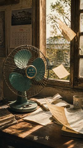 Vintage rotary fan by an open window